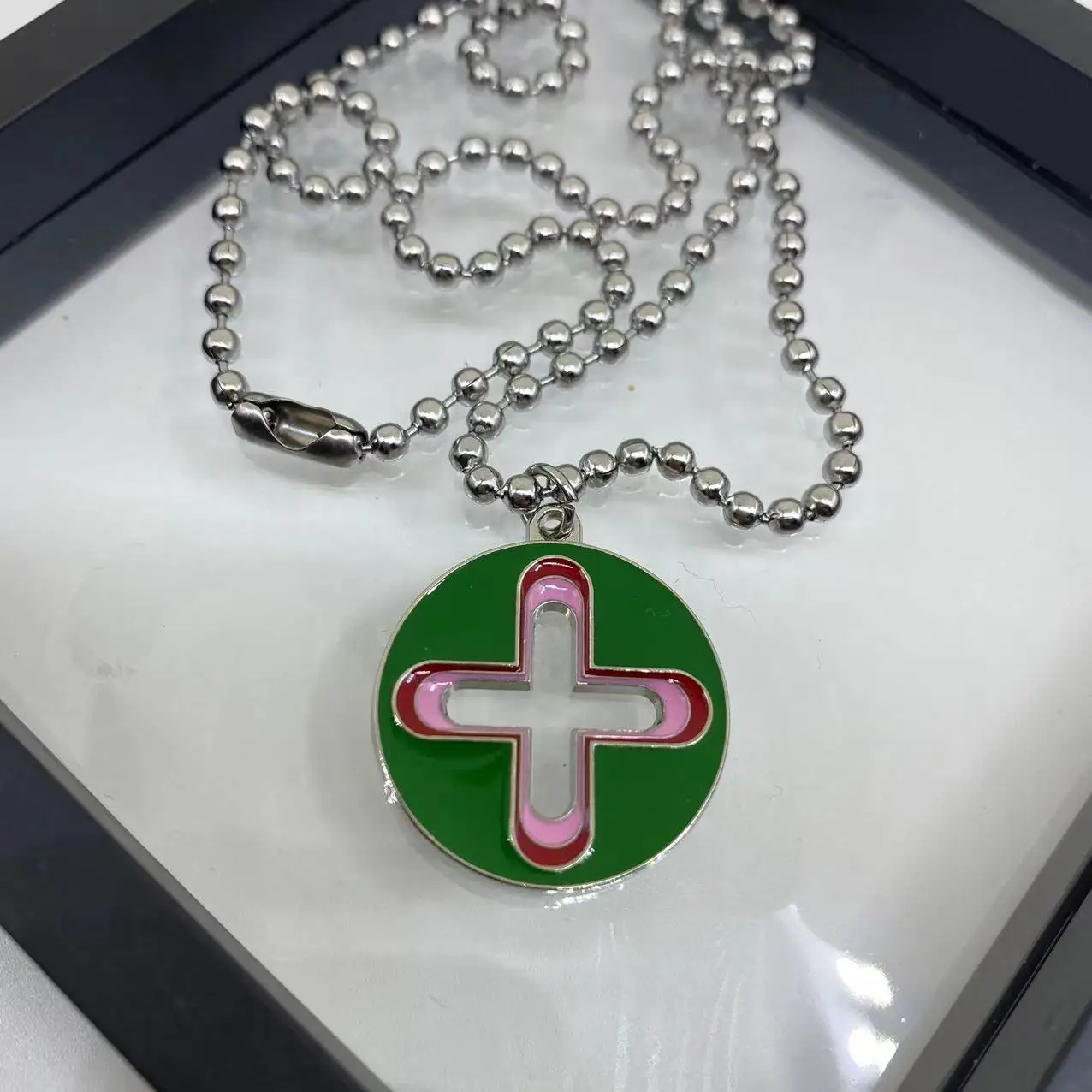 New Trendy Brand Cross Round Brand Dripping Oil Pendant Necklace Hip Hop Niche Design Personality Net Red Same Necklace 2
