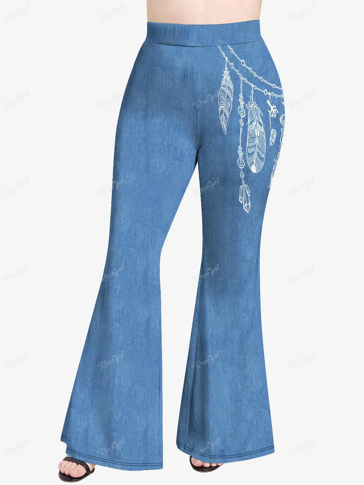 ROSEGAL Plus Size 3D Jeans Print Flare Pants Women Spring,Summer Elastic Waist Casual Trouser Mujer XS-5X Streetwear Bell Bottom
