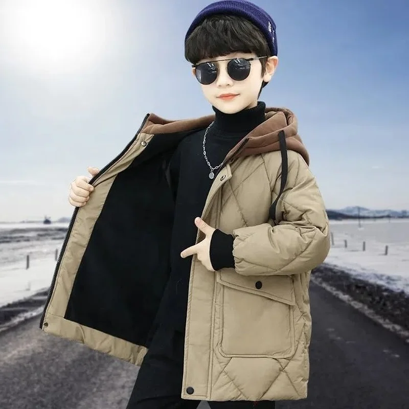 

New Fashion Casual Parka for Boys Winter Thickened Warm Hooded Outerwear Children's Clothing Mid-length Cotton Coat 8 10 12 Yrs