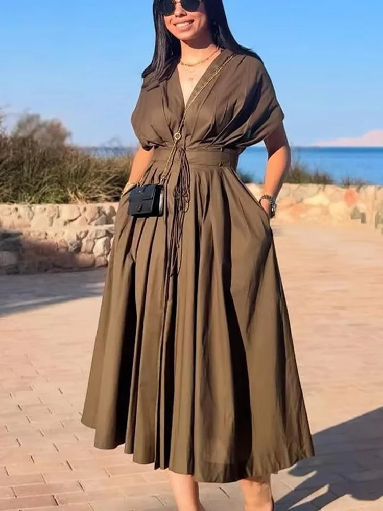 HH Women's Summer Fashion V-neck Pleated Down Shoulder Short Sleeve Dress Female Pockets High-waist Casual Midi Long Dress - AliExpress 200000345 HH Women's Summer Fashion V-neck Pleated Down Shoulder Short Sleeve Dress Female Pockets High-waist Casual Midi Long Dress - AliExpress 200000345