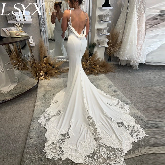 LSYX Deep V-Neck Sleeveless Crepe Mermaid White Wedding Dress 2024  Spaghetti Straps Backless Lace Bridal Gown Custom Made - AliExpress