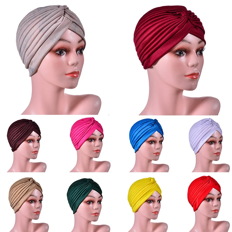 Hot Sale Stretch Turbans Head Beanie Cover Twisted Pleated Headwrap Assorted Colors Hair Cover Beanie Hats for Women Girls