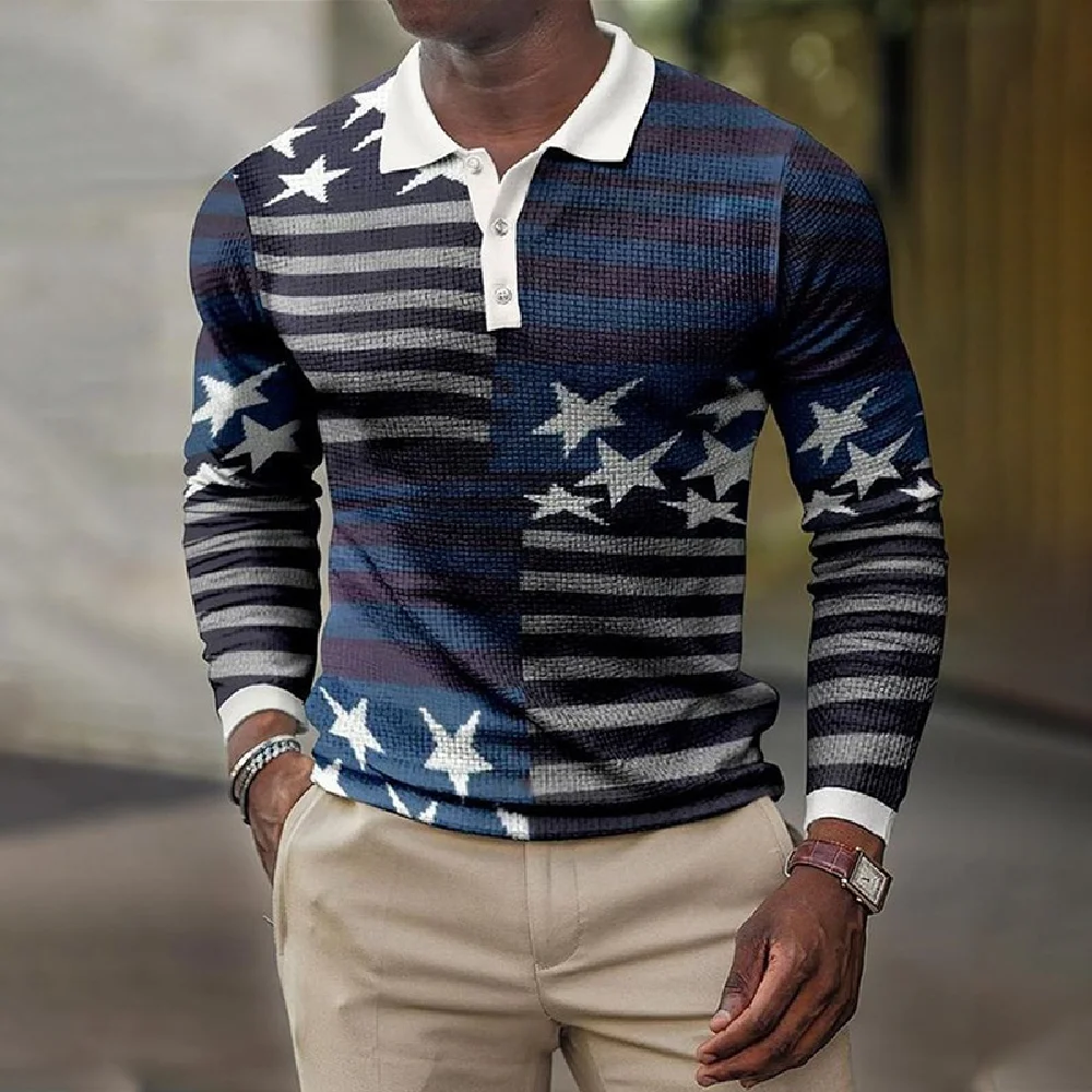 

Spring New 3d Printed Lapel Casual Retro Long Sleeve Button-up Polo Shirt Men's Long Sleeve T-shirt