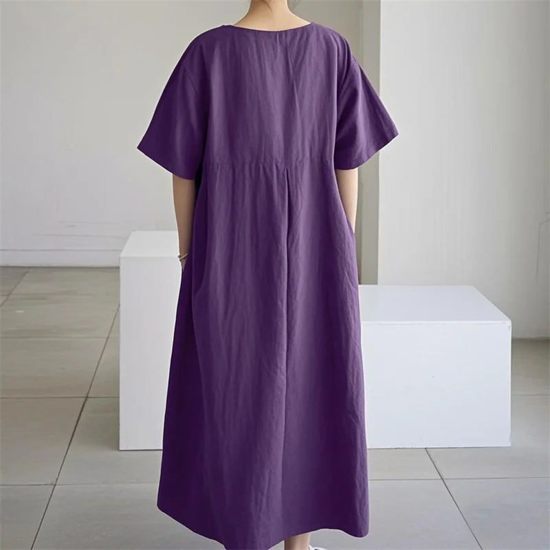 Hochgeschnittene Modische Übergröße-Kleider für Damen Baumwolle Leinen Locker Lässig O-Ausschnitt Pullover-Kleid Einfarbiges Plissiertes Kleid – Detail 17