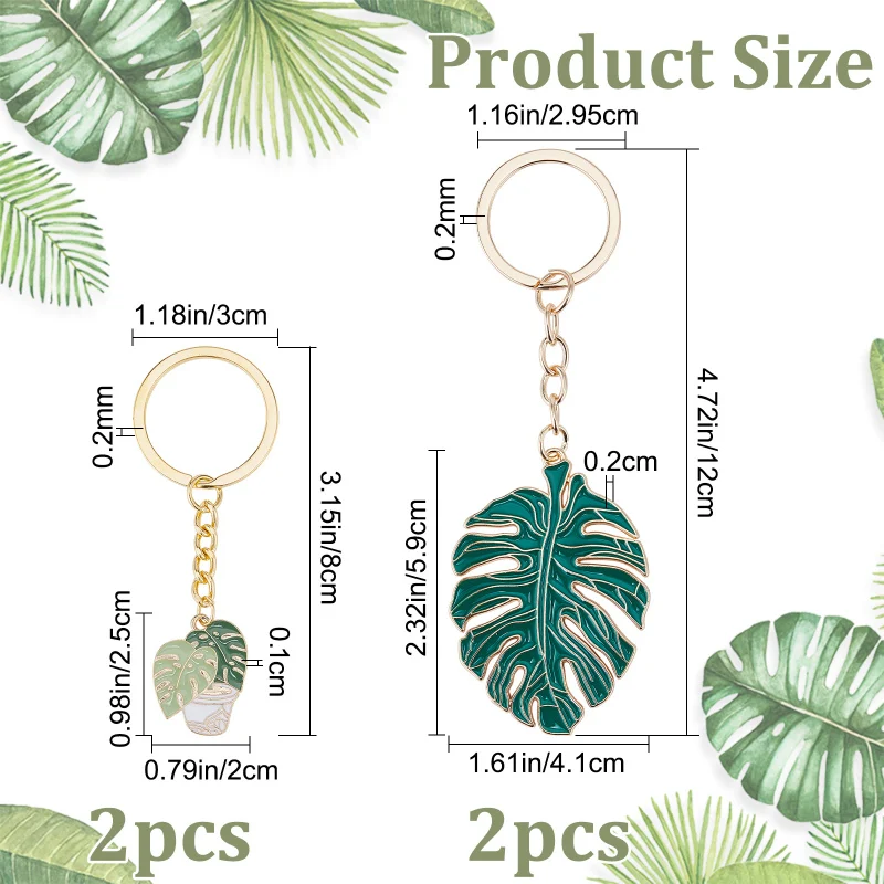 4Pcs Palm Leaf Enamel Keychain Tropical Plant Green Monstera Leaves Key Chain Cute Hanging Pendant Charm Keyrings for Purse Car