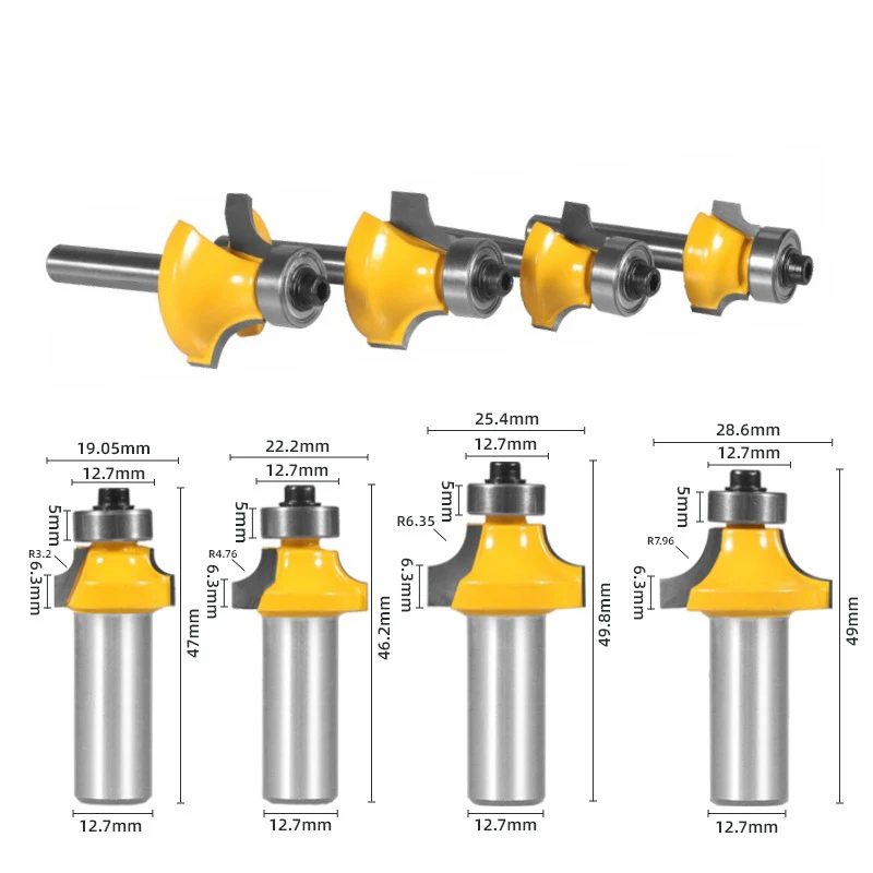 

12.7mm Shank Fillet Cutter Fillet Woodworking Milling Cutter Frame Groove Tenon Woodworking Engraving 1/4 3/8 1/2 5/8 3/4 7/8