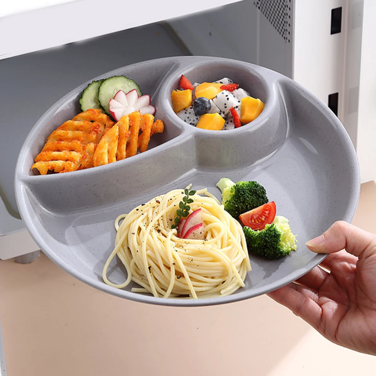 WORTHBUY Round Divided Salad Plate With Cutlery Microwave Safe Dinner Plate 3 Compartment Plastic Dinner Dish Kitchen Dinnerware