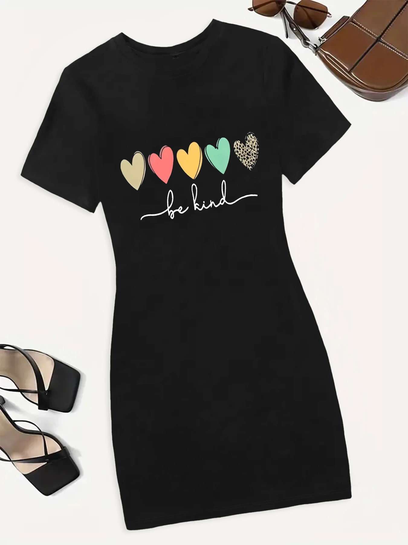 

Colorful Hearts Graphic Print T shirt Slim Short Dress Summer New Fashion Casual Dresses for Women Streetwear