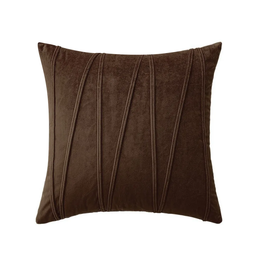 Brown square velvet pillow cover with curved line detail