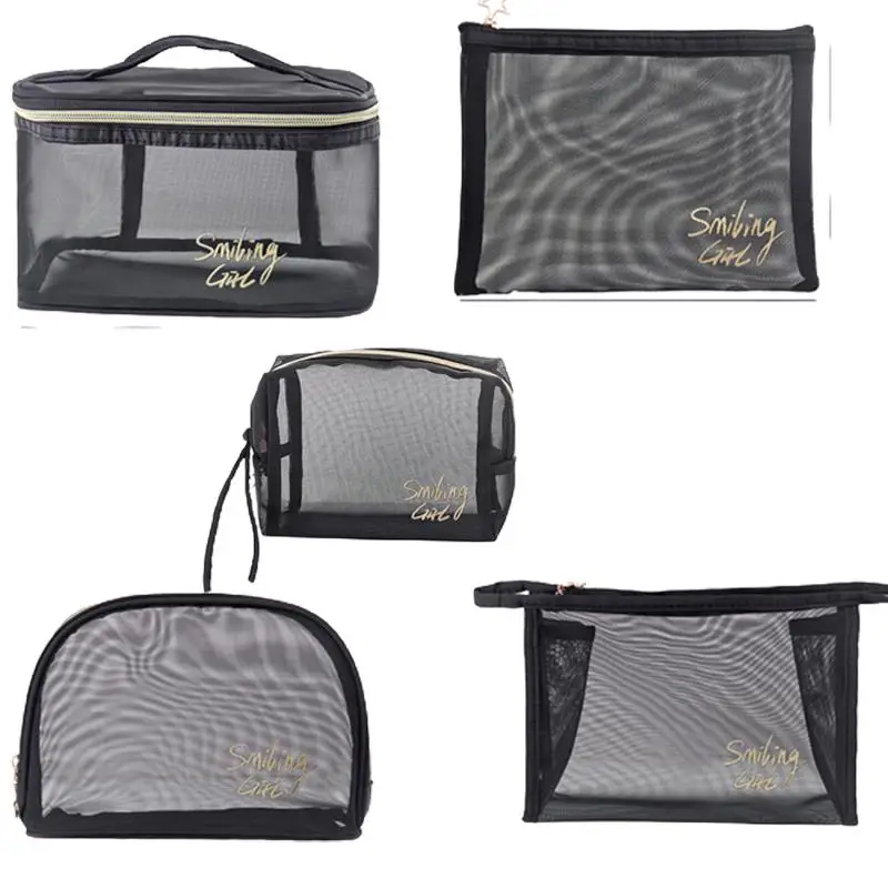 2/5 Pieces Mesh Cosmetic Bag Mesh Makeup Bags Black Mesh Zipper Pouch