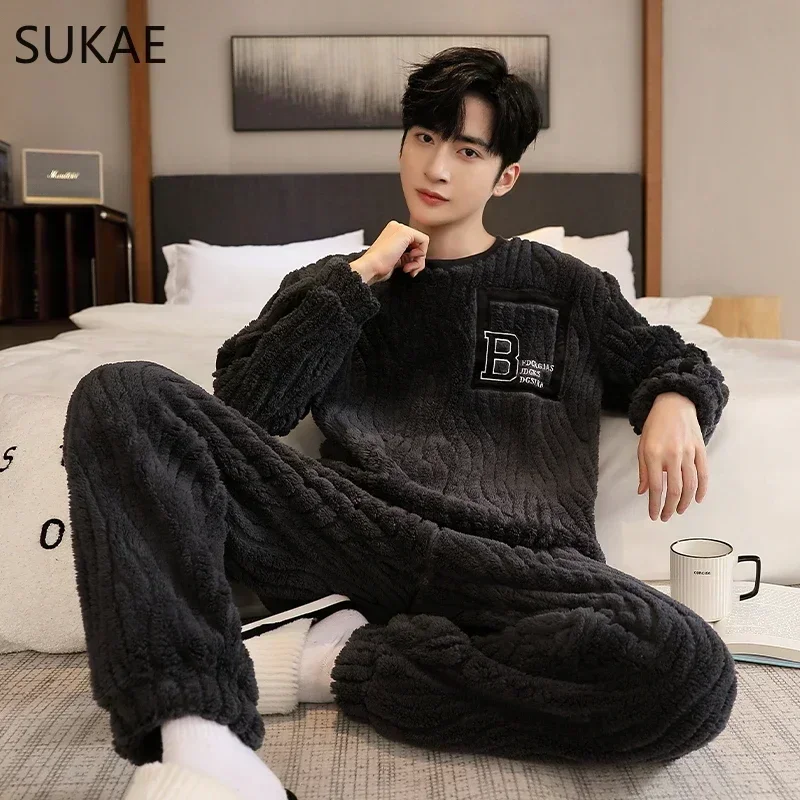 L-5XL Big Size Mens Pajamas Set Winter Thick Velvet Coral