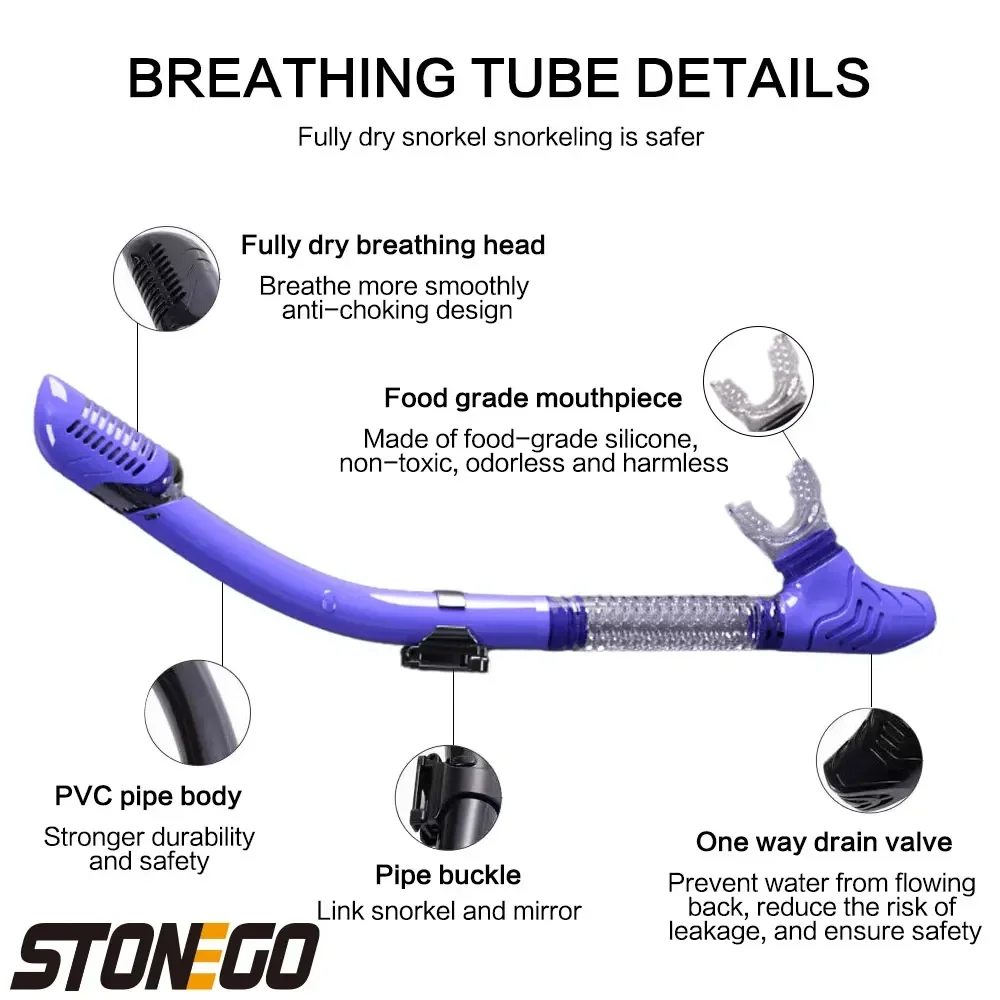 스노클링 장비 다이빙 마스크 및 스노클 세트 실리콘 풀 드라이 스노클 대형 프레임 수중 탐험용