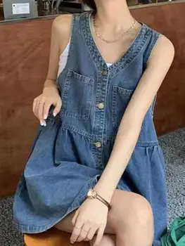 فستان بحزام بدون أكمام المرأة الصيف جيوب واحدة الصدر فساتين من قماش الدنيم امرأة الكورية نمط فضفاض ألف خط فستان قصير 2025