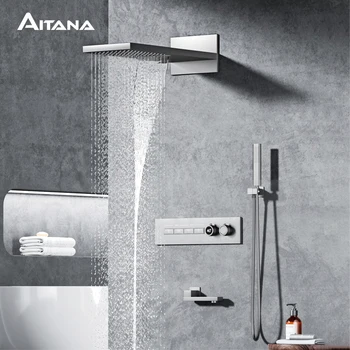 หรูหราปืนสีเทาทองเหลืองระบบฝักบัวอาบน้ําอุณหภูมิติดผนังจอแสดงผลดิจิตอล LED น้ําร้อนและน้ําเย็นห้องน้ําฝังก๊อกน้ํา 1