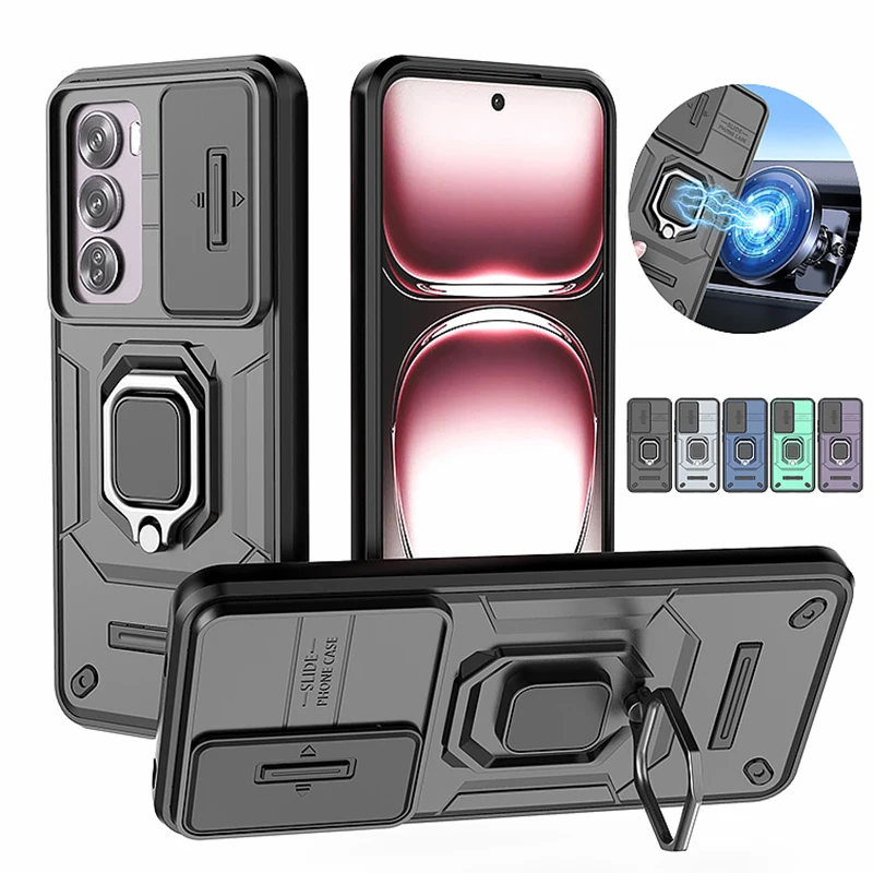 Slide Lens Protect Armor Phone Case with Magnetic Ring Holder Stand - Enhanced Back Cover