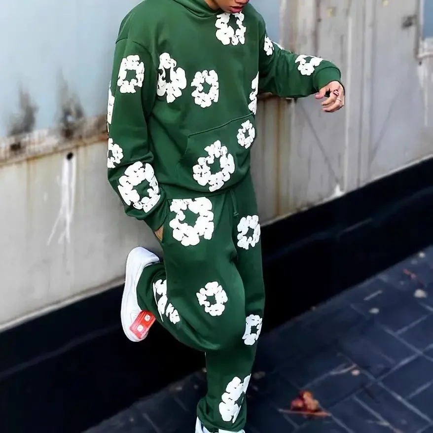 Fashion Flower New Mens Womens Same Foam Kapok Printing Long-sleeved Fleece Hooded Sweater Casual Loose Sweatpants Set 3