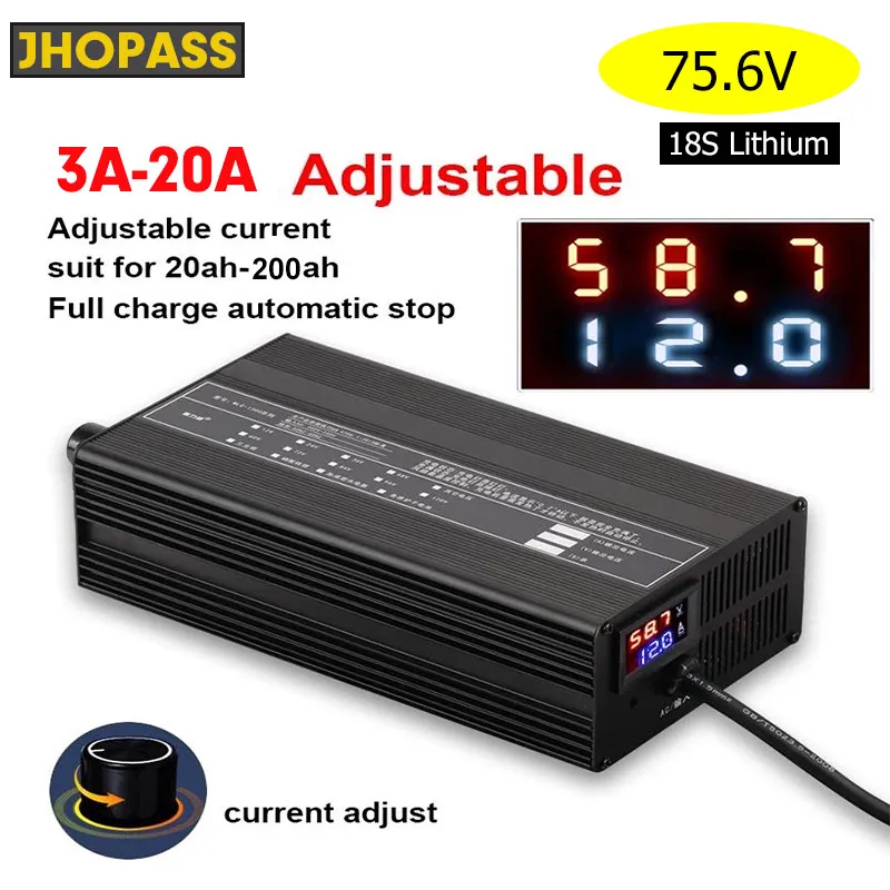 

18S 75.6V20A Adjustable 3a-20a Li-ion LiPo Lithium Battery Charger Current Adjust Fast Charge for 66.6v ebike Scooter