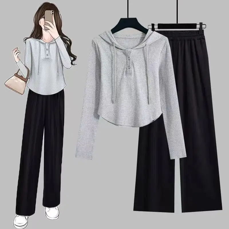 Новинка весна-осень 2024, комплект из двух предметов, простой модный универсальный короткий топ с капюшоном и широкие брюки