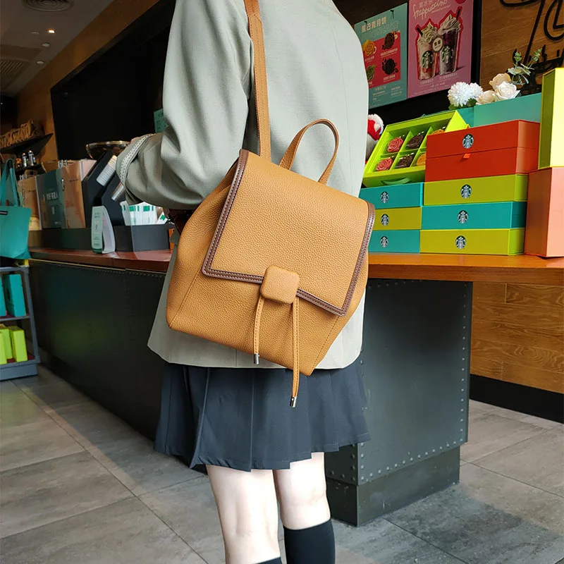 

2022 New Korean Style Women's Real Leather Shoulder Bag Contrasting Color Large Capacity Soft Leather High-end Backpack