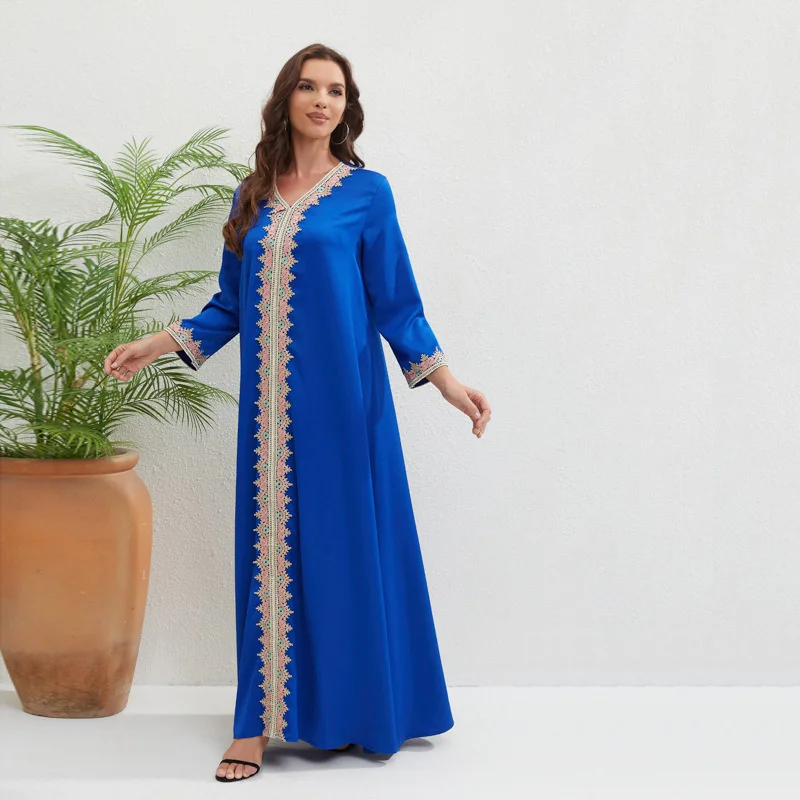 Abaya For Women Blue Ethnic Style V-neck Long Dress New Summer Vacuum Style Robe Long Skirt Fashion Dubai Muslin Islam Clothing