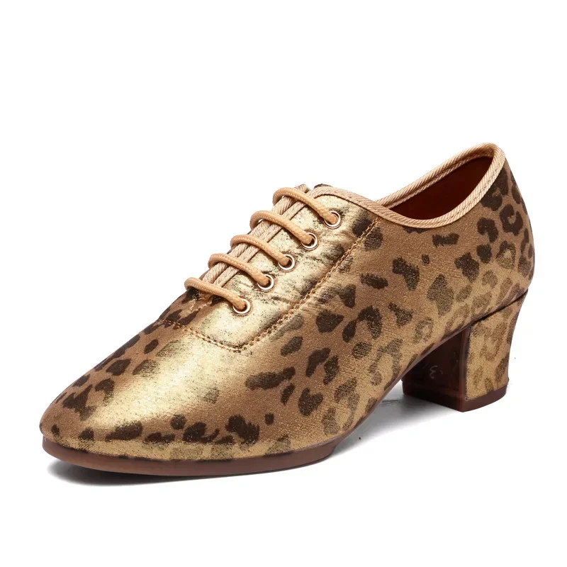 Salsa Jazz Dance Shoes for women girls Golden leopard print Latin Dance Shoes For Women Soft Soles Lace-Up 5cm High Heels 3