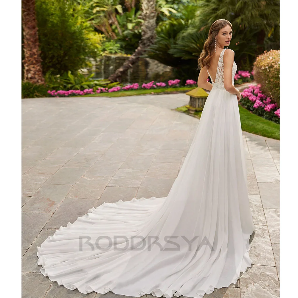 Roddrsya Boho Elegante Trouwjurk Voor Vrouwen 2023 V-hals Kant Applicaties Backless Bruidsjurk Robe De Mariee Chiffon Custom Made Trouwjurk Voor Vrouwen 2023 V-Hals Kant Appliques Backless Bruidsjurk Robe De Mariée Chi