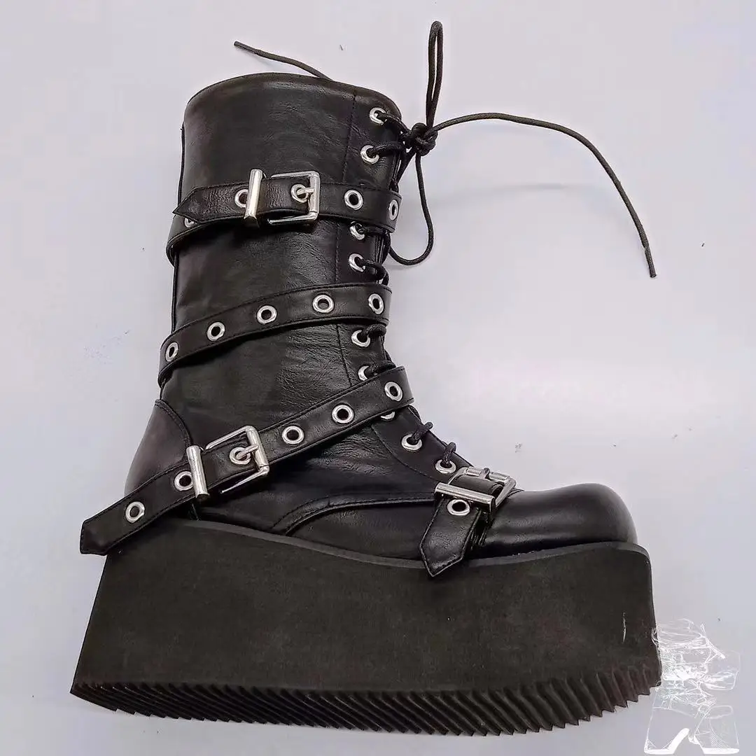 Plus Size 43 Autumn Women Platform Boots Buckle Round Toe Wedges Punk Goth INS Women Street Shoes platform boots