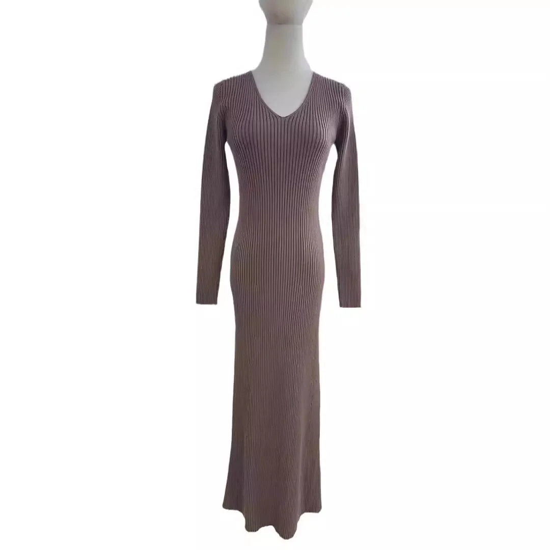 Elegant Black Knitted Maxi Dress Solid Long Sleeve Plunging V Neck Bodycon Women Fall Winter Sweater Bodycon Jumper Dresses