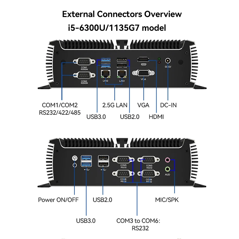 XCY 산업용 팬리스 미니 PC, 인텔 i5-1135G7 6x COM RS232 RS485 2x 미니 PCIe 지지대, 와이파이 4G LTE CAN-버스 윈도우 리눅스 IPC