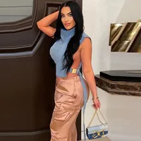 Women Vest Summer Fashion Stand Collar Sleeveless Bandage Denim Crop Tops Streetwear Women Sexy Hollow Out Jeans Cargo Vest 2