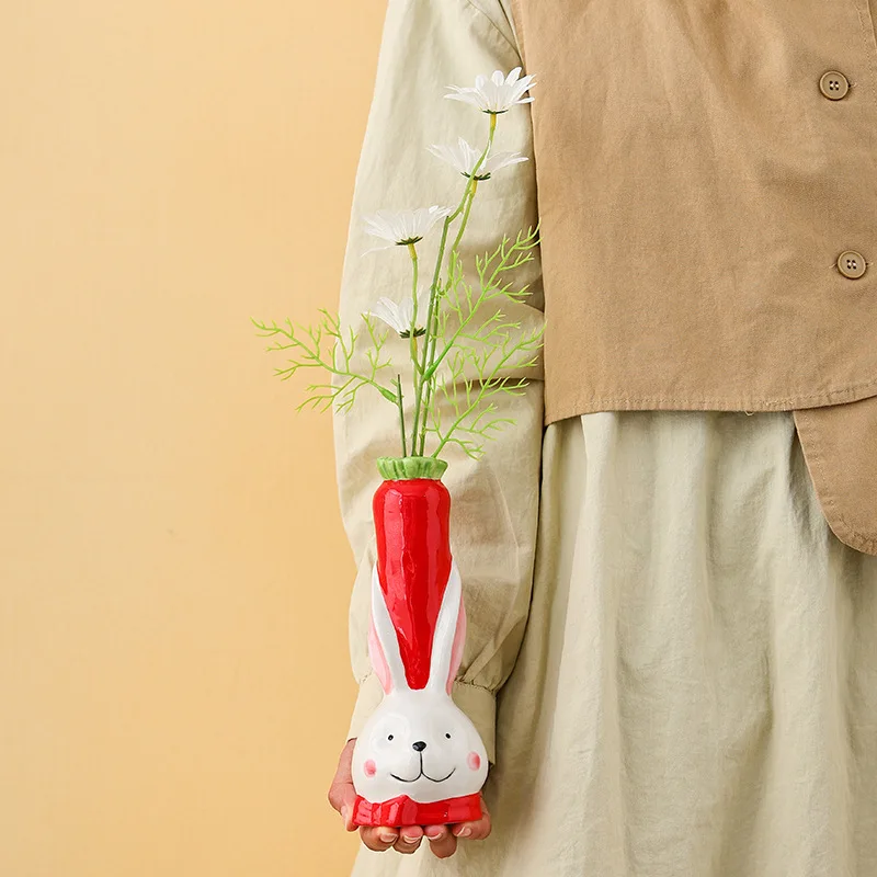 Creative cartoon rabbit carrot shape ceramic vase, pastoral style home living room desktop decoration ceramic vase ornaments 4