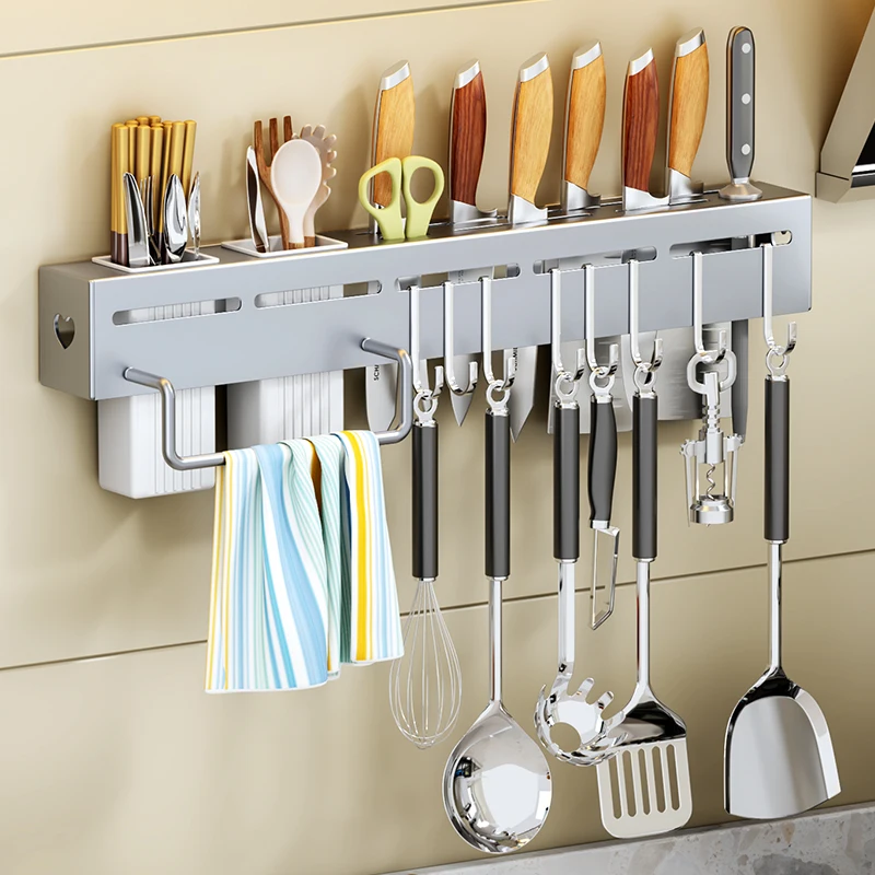 Kitchen Knife Rack Wall-Mounted Detachable Stainless Steel Storage With Brackets And Hooks knife holder