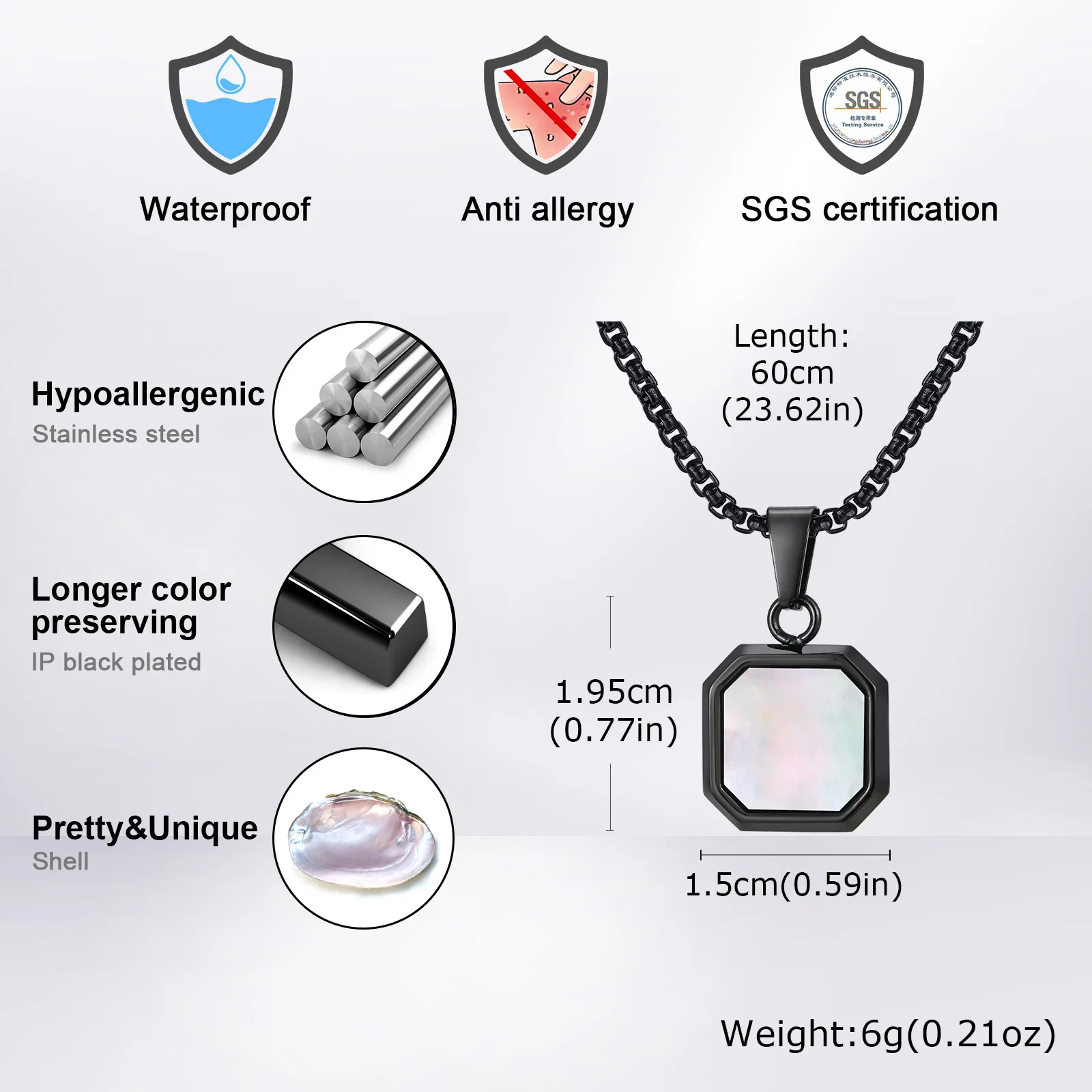 Stylish Stainless Steel Shell Necklace for Men,Hypoallergenic Waterproof Square Pendant,Male Collar Gift for Him