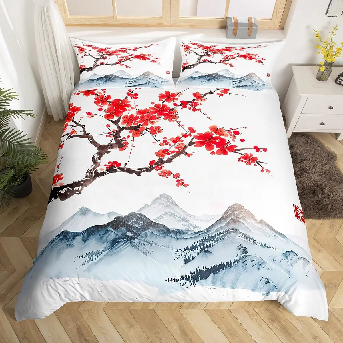 Cherry Blossoms Bedding Set Japanese Style Theme Pink Comforter Cover Set Printed Duvet Cover with Zipper Couple, Twin Size 5