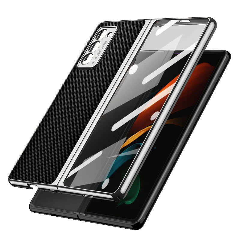 

Чехол из углеродного волокна и закаленного стекла для Samsung Galaxy Z Fold 2, Роскошный Жесткий чехол с металлическими краями для Samsung Z Fold 2 5G