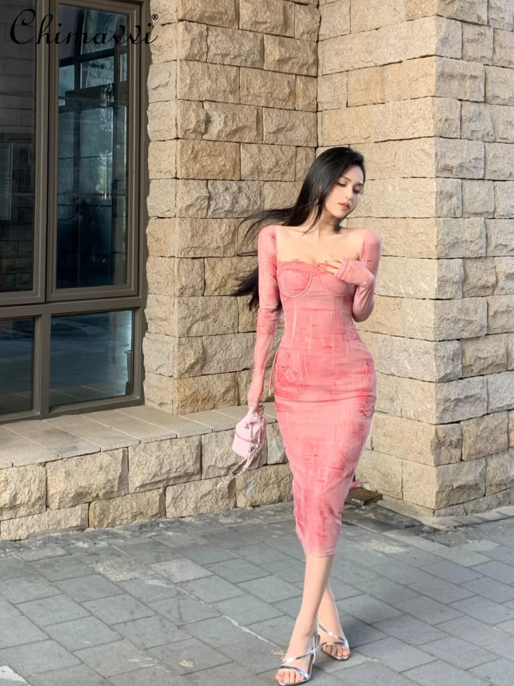 

Korean Fashion Sexy Solid Color Square Collar Long Sleeve Printed Dress Spring and Summer Hot Girl Lace Up Long A- Line Dress