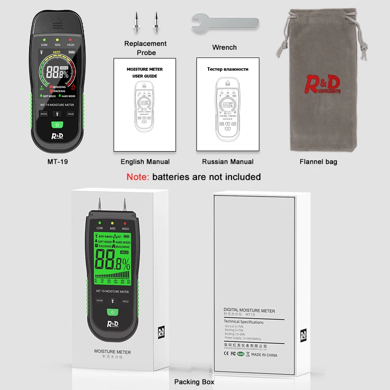 R&D MT19C Wood Moisture Meter Wall Water Tester Digital Humidity Meter Two Pins Hygrometer Concrete Cement Brick Detector images - 6