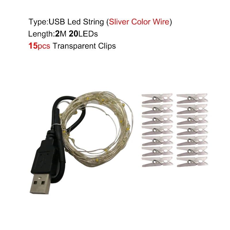 thumbnail image 1 of Guirnalda de luces LED con clip para fotos, USB/batería, 2 m, 5 m o 10 m, decoración navideña para el hogar, dormitorio, fiesta y vacaciones, 1 of 5