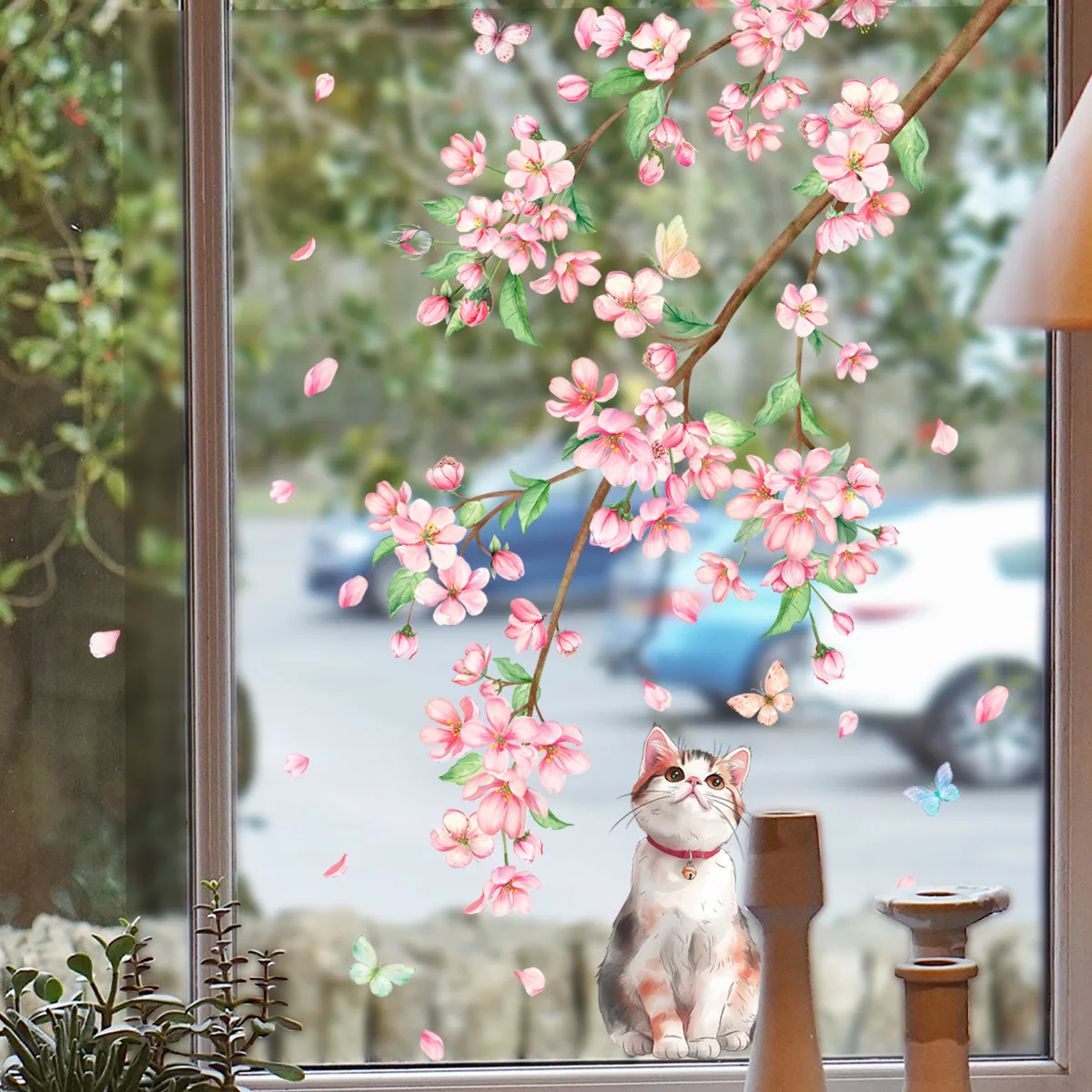 Creative Peach Blossom Branch Window Cling Floral Butterfly Kitten Static Sticker No Glue for Kitchen Restaurant Shop Decor