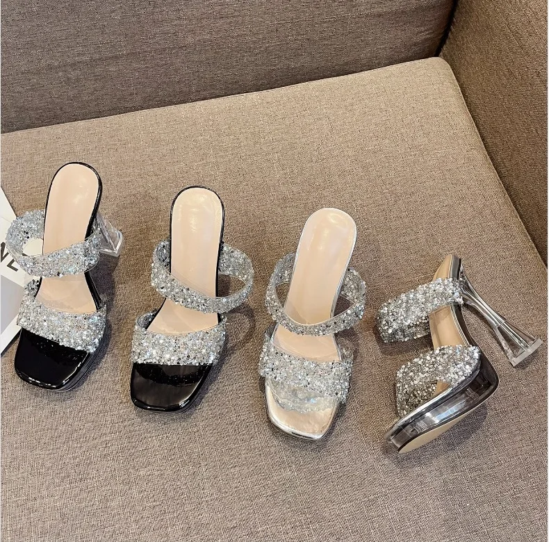 

Shoes Low Slippers Heels Square Toe Glitter Slides Slipers Women High Jelly 2024 Transparent Rubber Crystal Rome PVC Fabric Blin