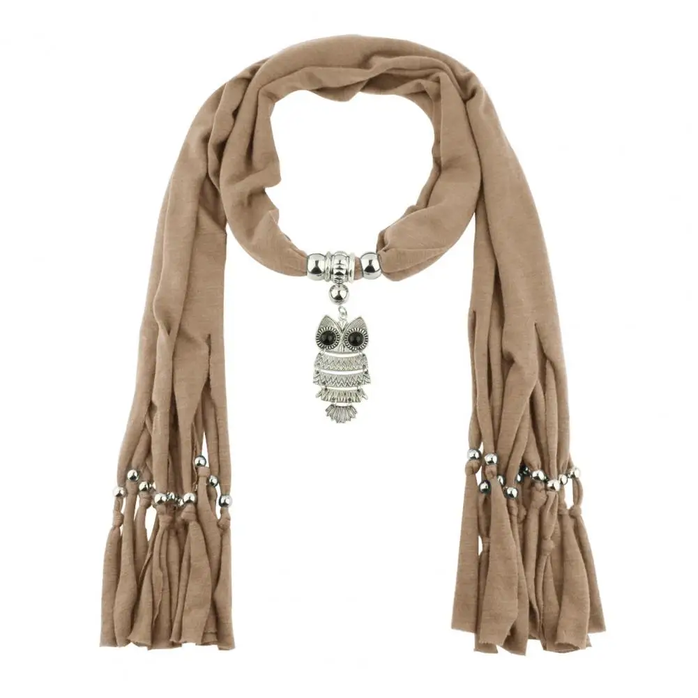 Long Fringed Solid Color Women Scarf Retro Owl Pendant Necklace Scarf Costume Accessories Gift