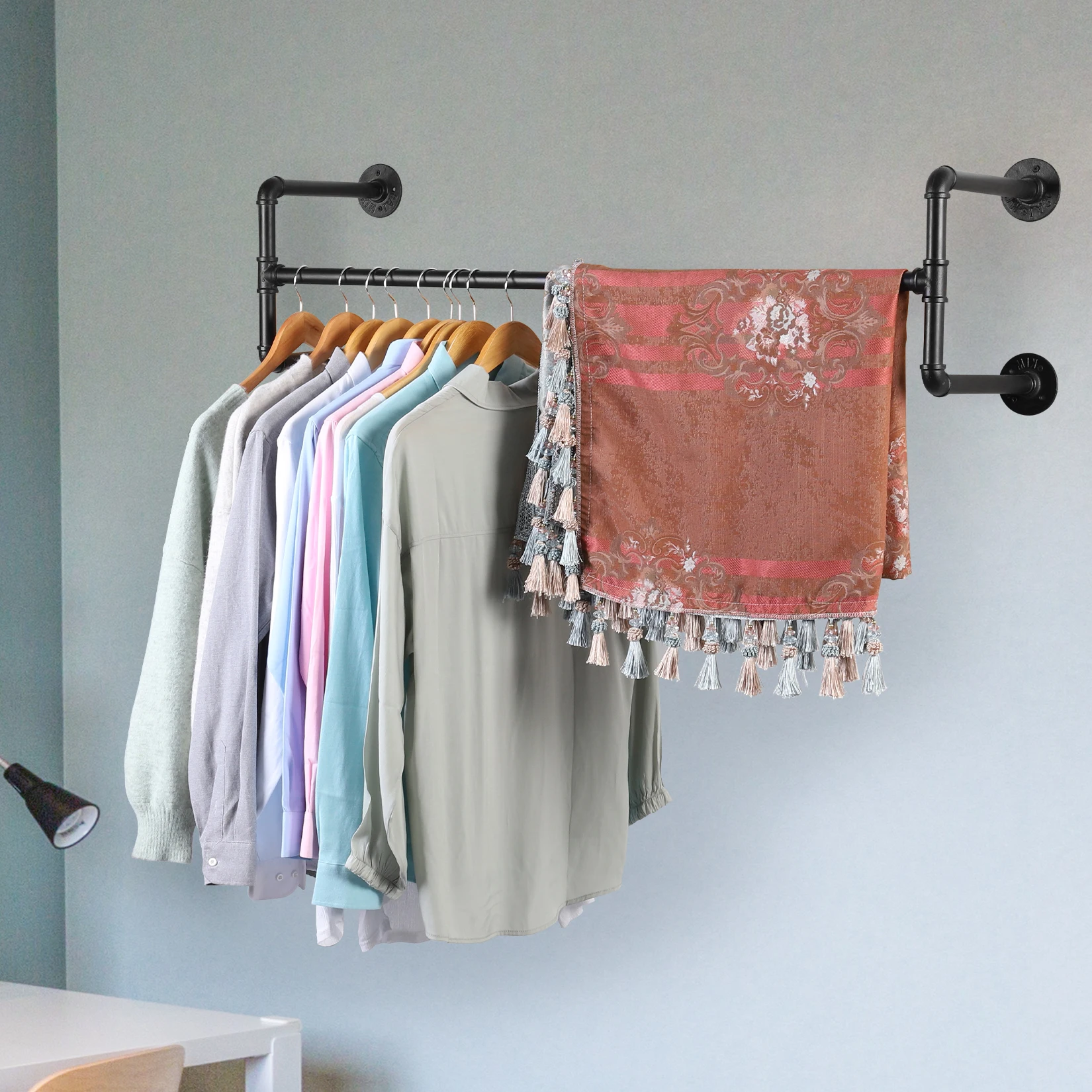 Industrial Clothes Rack, Wall-Mounted Closet Rod, Space-Saving