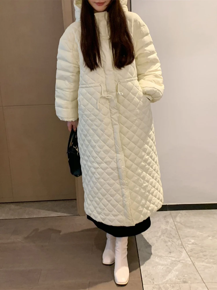Korean style Women's Hooded long down jacket Warm 2023 Winter Fashion Adjustable waist Long sleeve puffer coat Clothes 3O287
