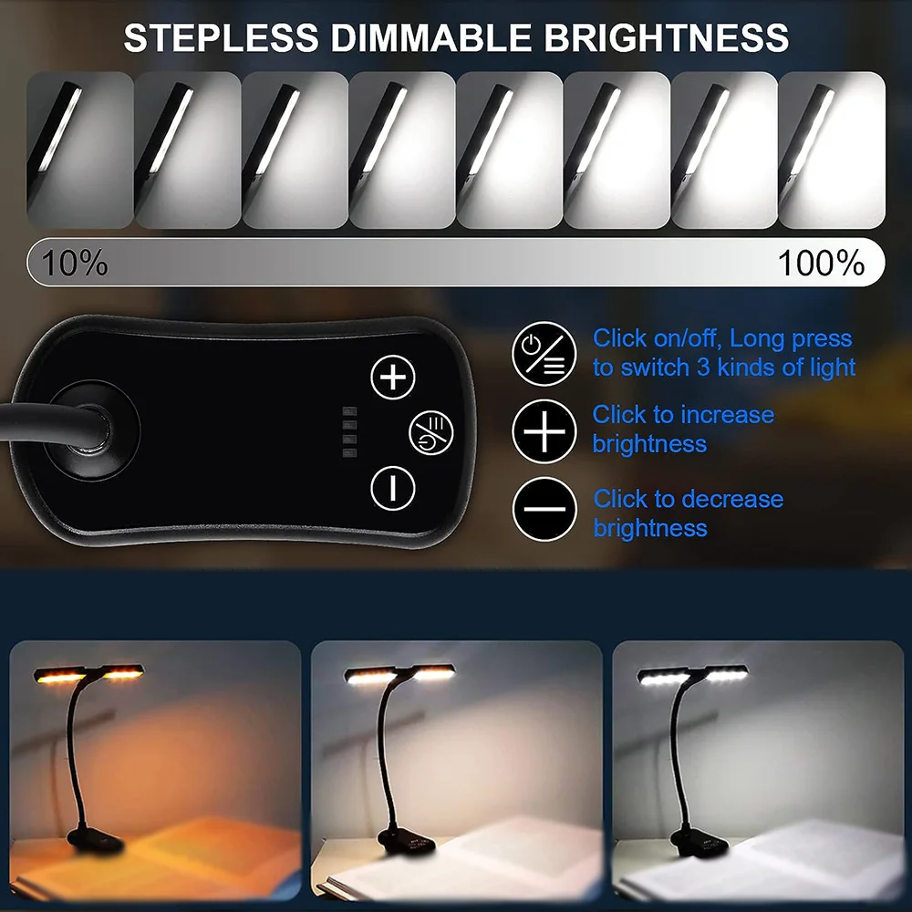 14 LED Clip On Book Light 3 Colors 8 Brightness Usb Rechargeable Night Light Portable Reading Book Lamp Mini Desk Lamp