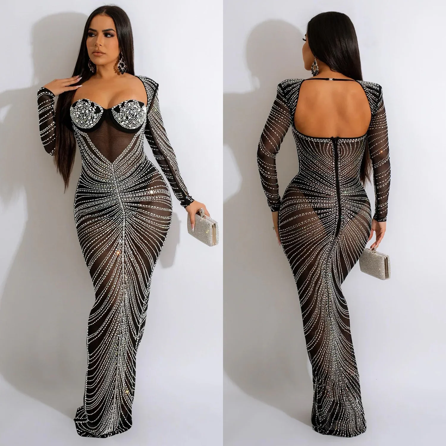 

New fashion Sexy Dress Mesh Rhinestone Crystal Dresses Women Sheer Night Clubwear (All)
