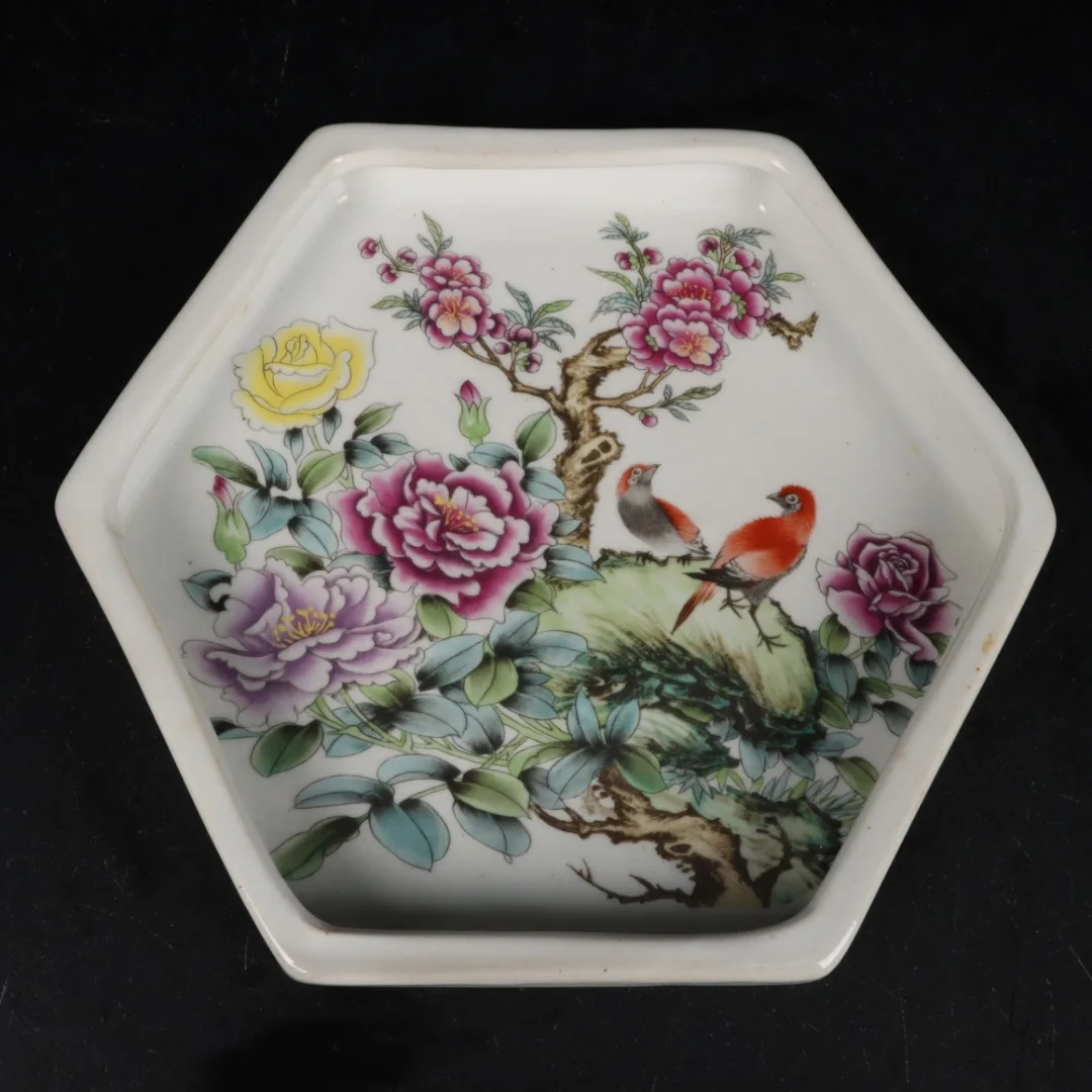 

Antique Porcelain Pink Peony Flower and Bird Pattern Hexagonal Tea Plate Decorative Ornament