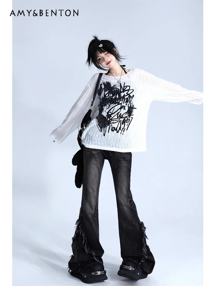 Autumn New American Retro High Waist Washed Jeans Women Fashion Bleached Slim Sexy Flare Pants Denim Trousers Girls