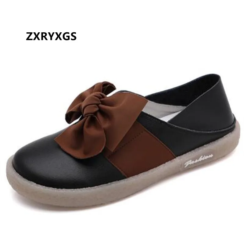 

2024 Spring Sweet Bow Spell Color Soft Genuine Leather Shoes Woman Flats Comfort Soft Sole Loafers Shoes Fashion Casual Shoes