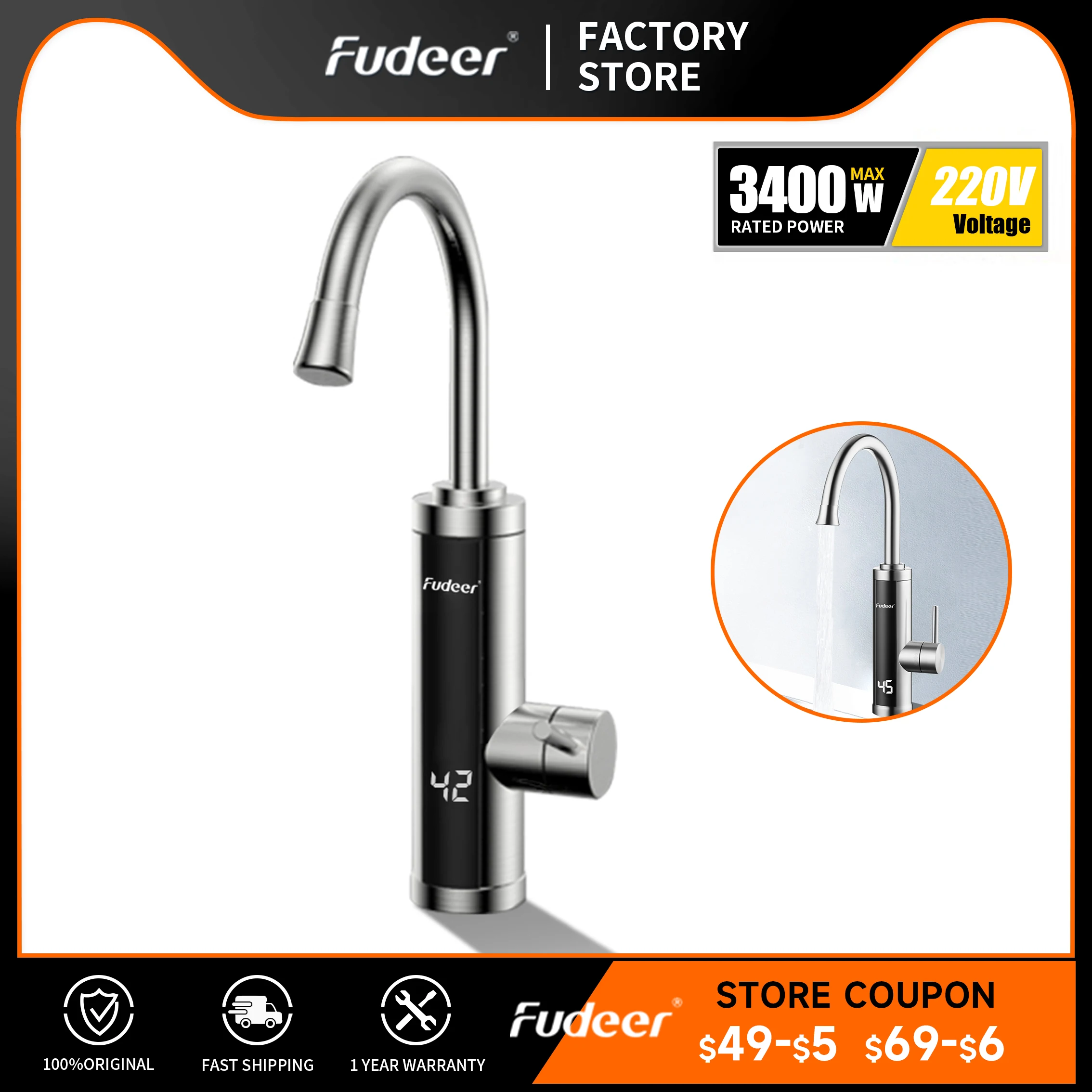 

Fudeer 304 Stainless steel Electric Kitchen Faucet Hot & Cold Water Mixer Crane Tap 360 Rotation Kitchen Shower Faucet