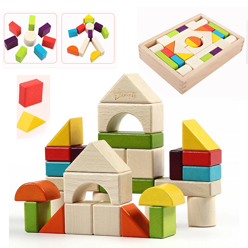 

30Pieces/set of Children's Wooden Boxed Large Size Building Bricks Pieces Color Beech Geometry Education Toy Assembly Game Gift